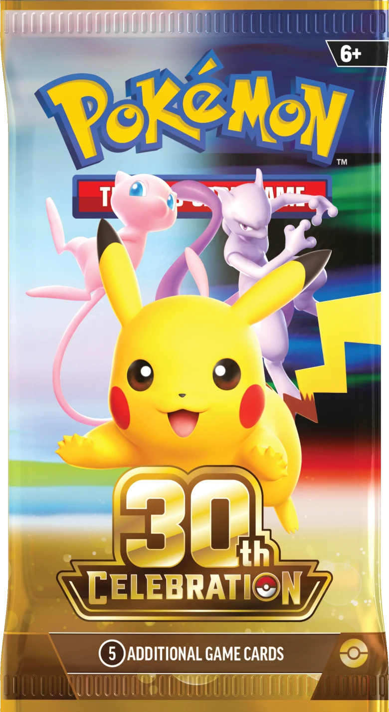 Pokémon TCG 30th Celebration booster pack featuring Pikachu, Mew, and Mewtwo